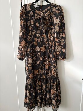 Walter Baker Black Floral Midi Dress with Brown & Cream Accents